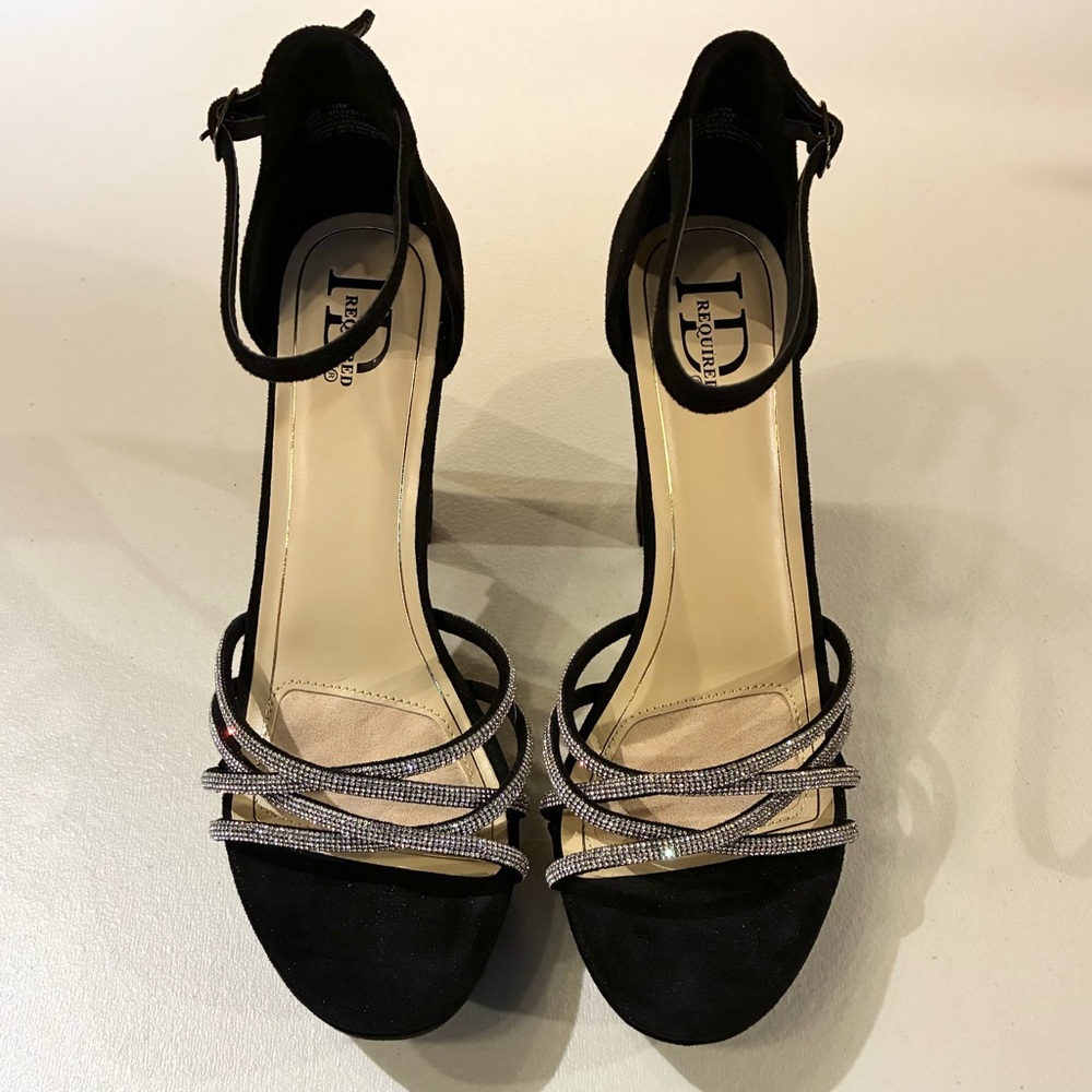 ID Required Black Strappy Heels w/ Fake Diamond Decor - Size: 10